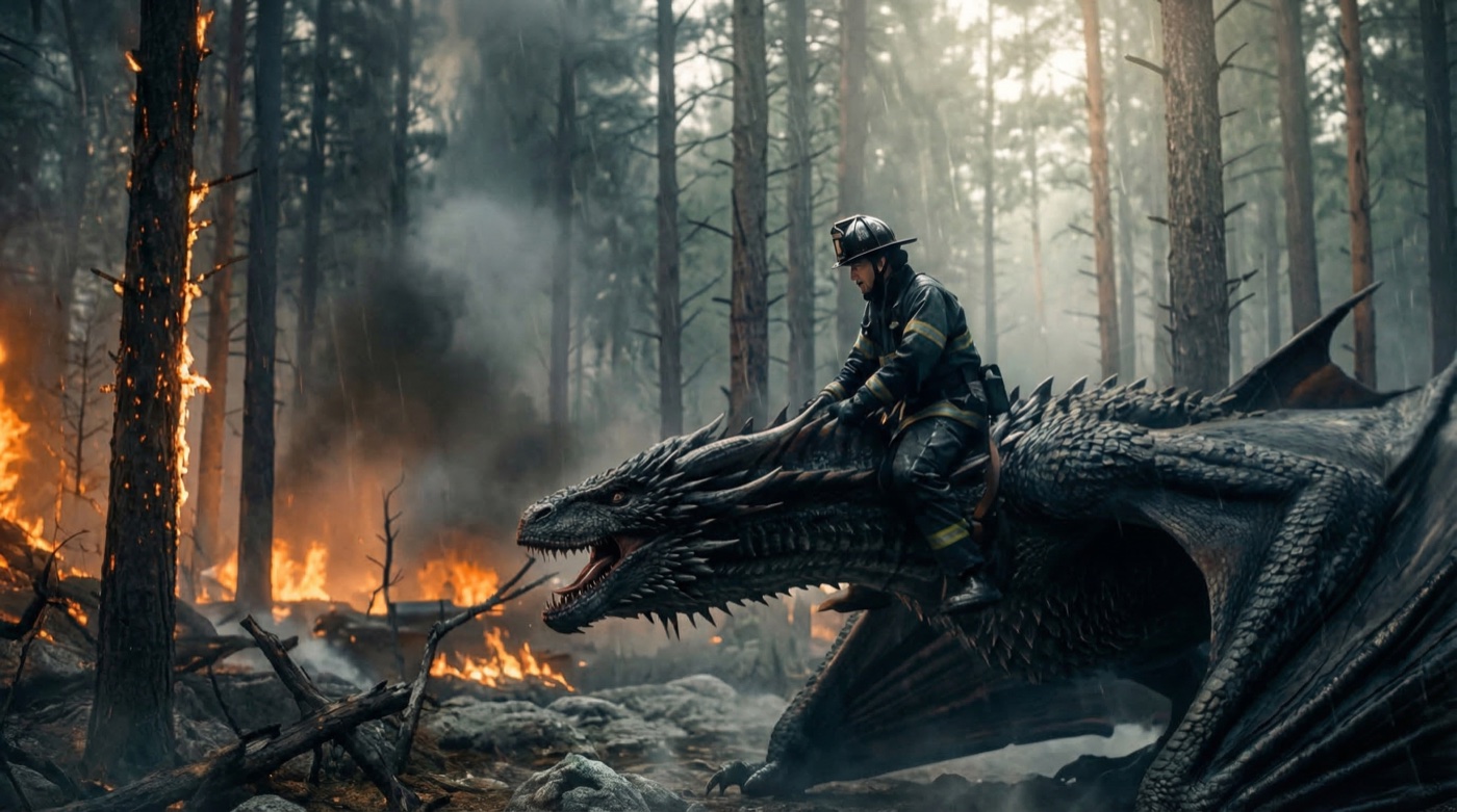 Dragon rider in burning forest